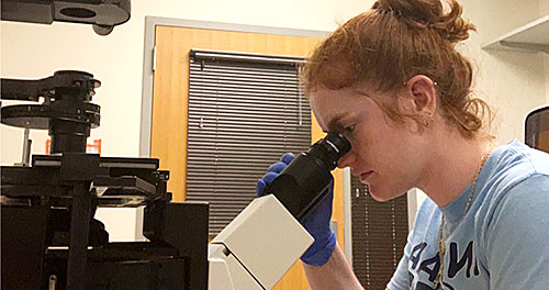 Kylie Rathbun looking into a microscope.
